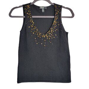 Vintage Women's XS Y2K Fitted Knit Cami V-Neck Beaded Embellished Tank Top Black